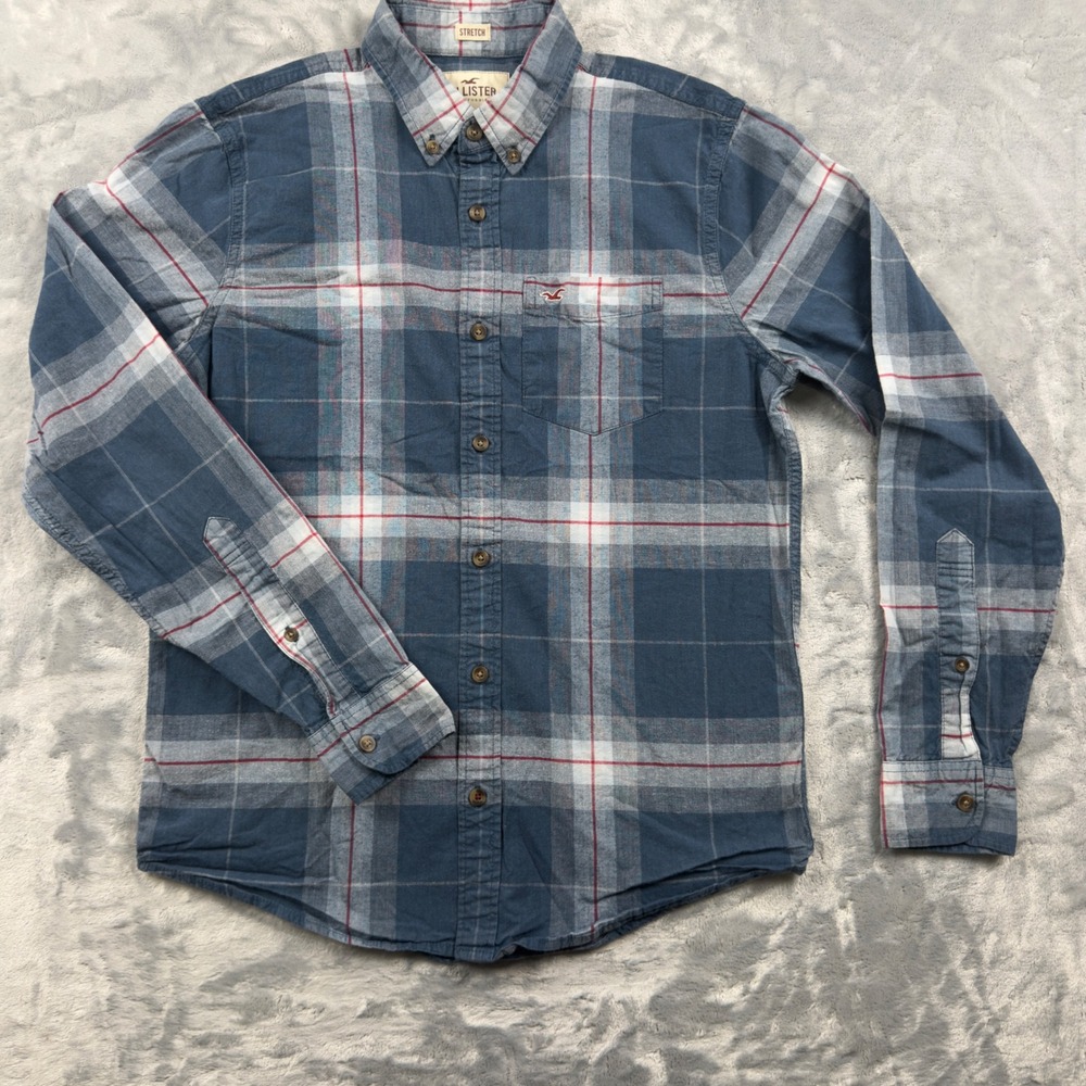 Hollister Mens Blue Plaid Stretch Long Sleeve Button Down Shirt Size M